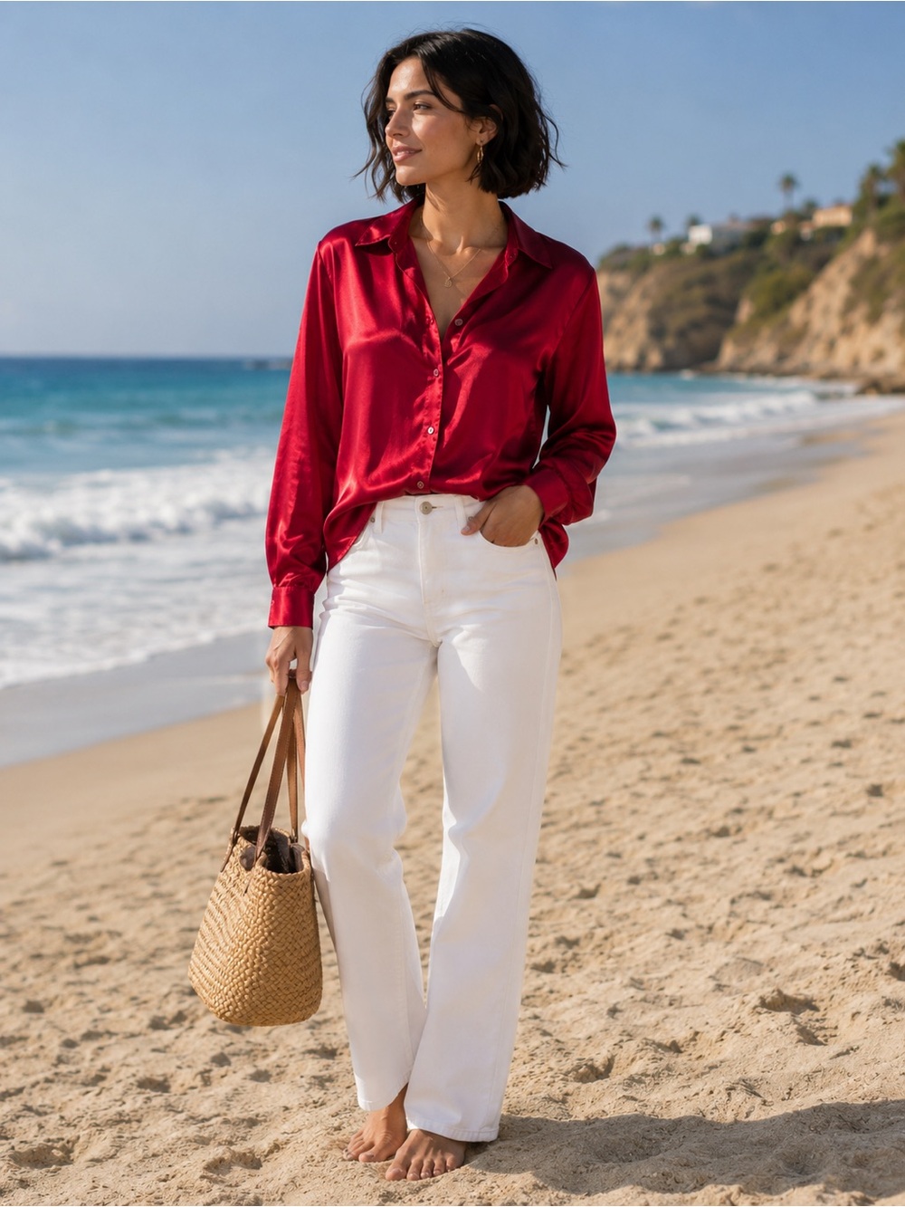 Women's Satin Button-Down Shirt - Red